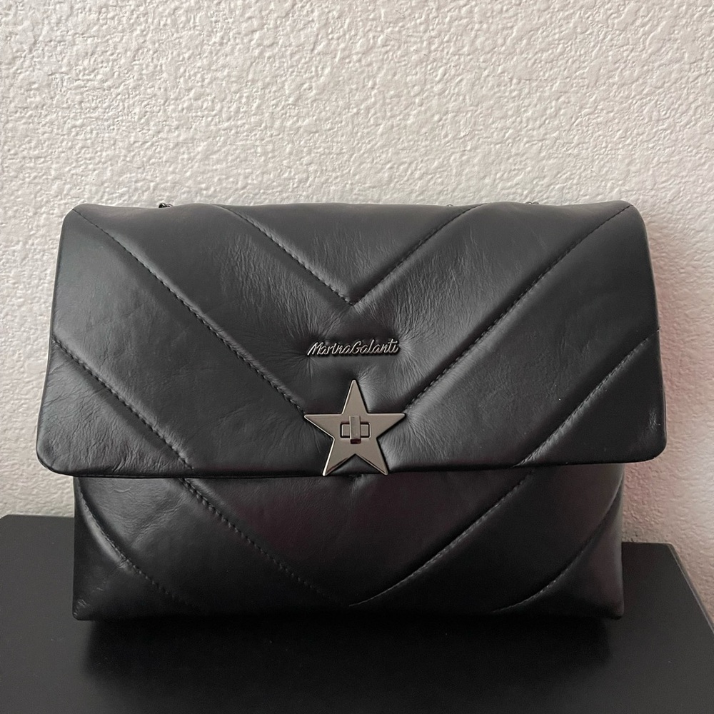 NWT Marina Galanti Genuine Leather Purse/ Crossbody Bag on chain, Black
